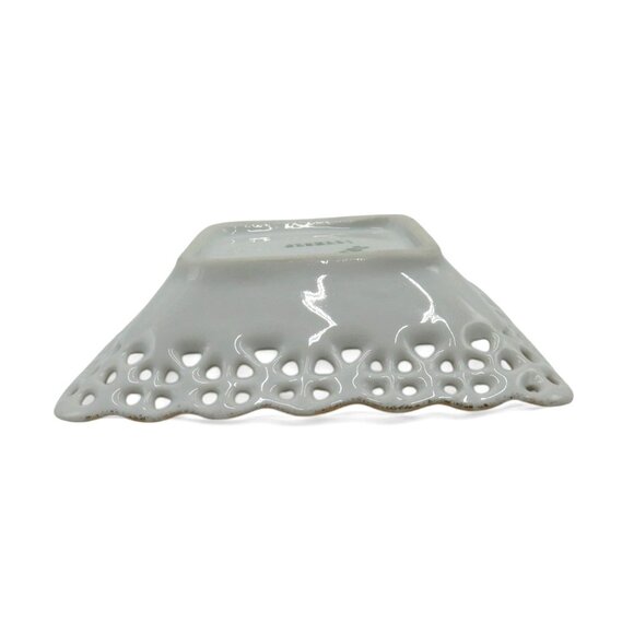 SQUARE Floral RETICULATED Small Bowl Dish Gold Accents Germany Vintage - Picture 5 of 8